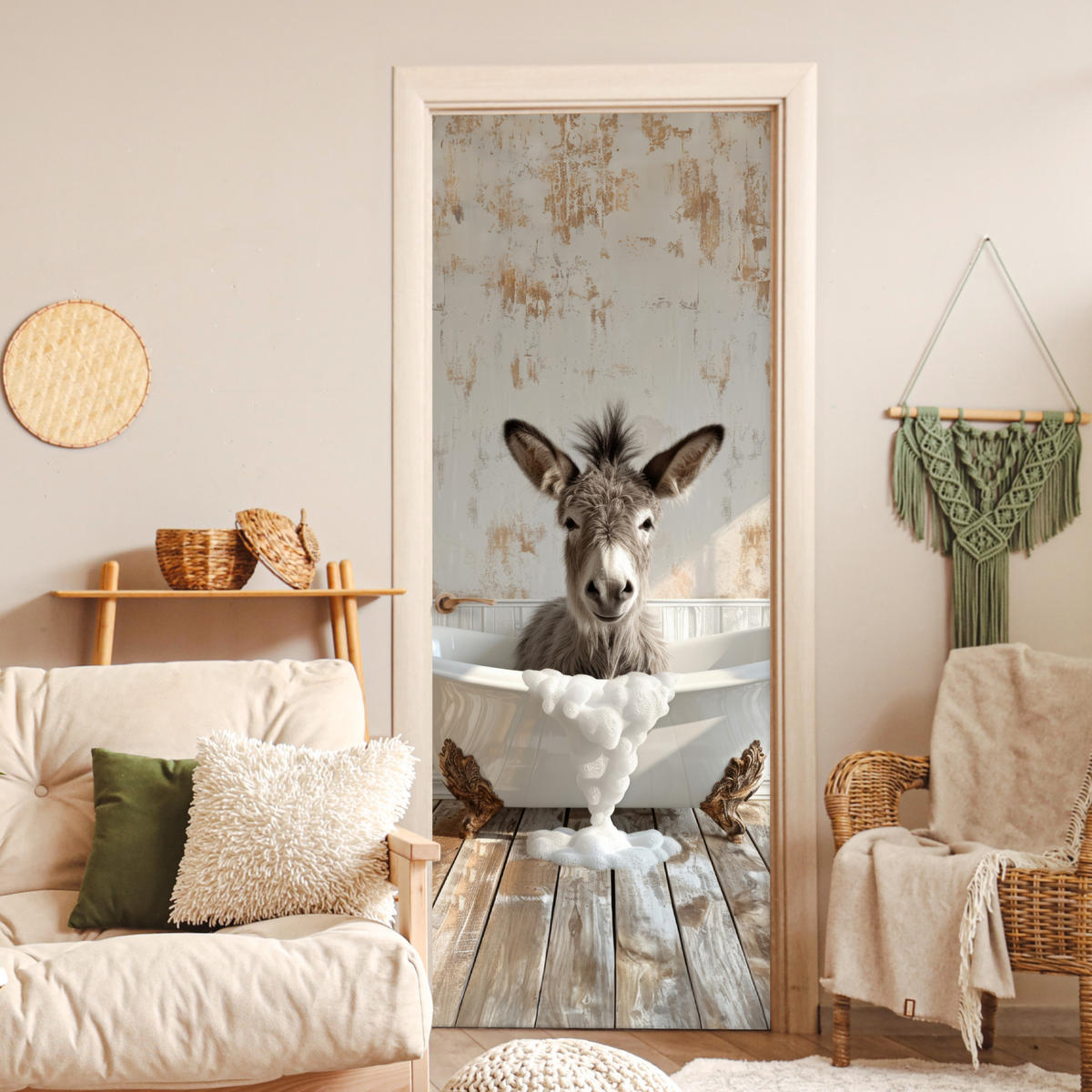 TÜRAUFKLEBER Selbstklebend - Esel - Tier - Vintage - Badewanne 95x235 cm - Türtapete - Eukalyptusholzfarben, Kunststoff (95/0.1cm) - MuchoWow