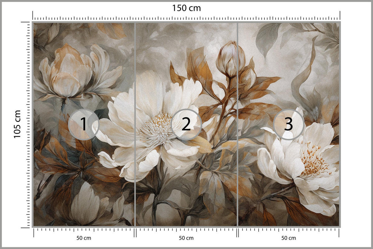 FOTOTAPETE für Wohnzimmer Blätter Abstrakte Blüten Pflanzen Retro 150x105 - Grau, Papier (150/105cm) - Muralo