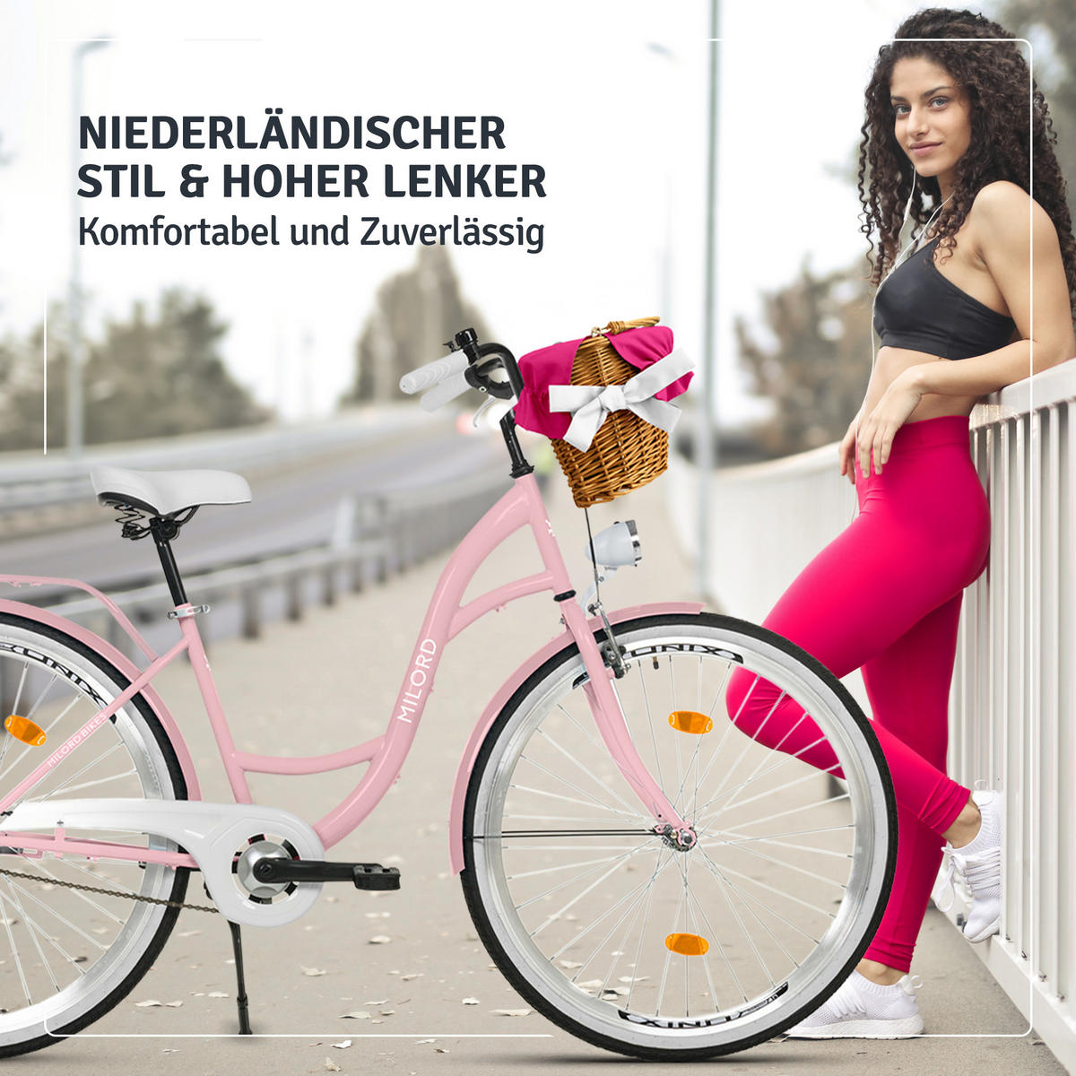 CITY-FAHRRAD Milord mit Weidenkorb, 26 Zoll, Rosa, 1-Gang - Pink, Metall (46cm) - Milordbikes