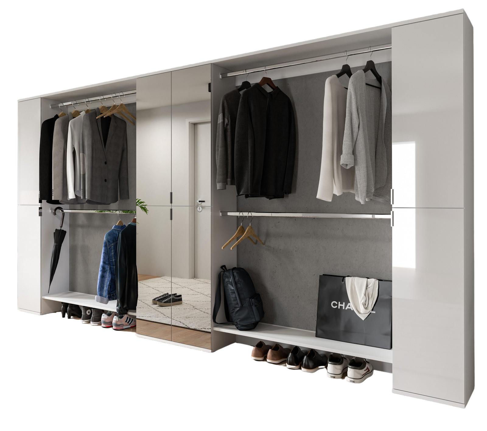 GARDEROBENSCHRANK weiß Hochglanz 232 cm, Schuhschrank XXL, mit Spiegeltüren - Chromfarben/Weiß Hochglanz, Holzwerkstoff/Kunststoff (341/193/34cm) - Inn.Furn