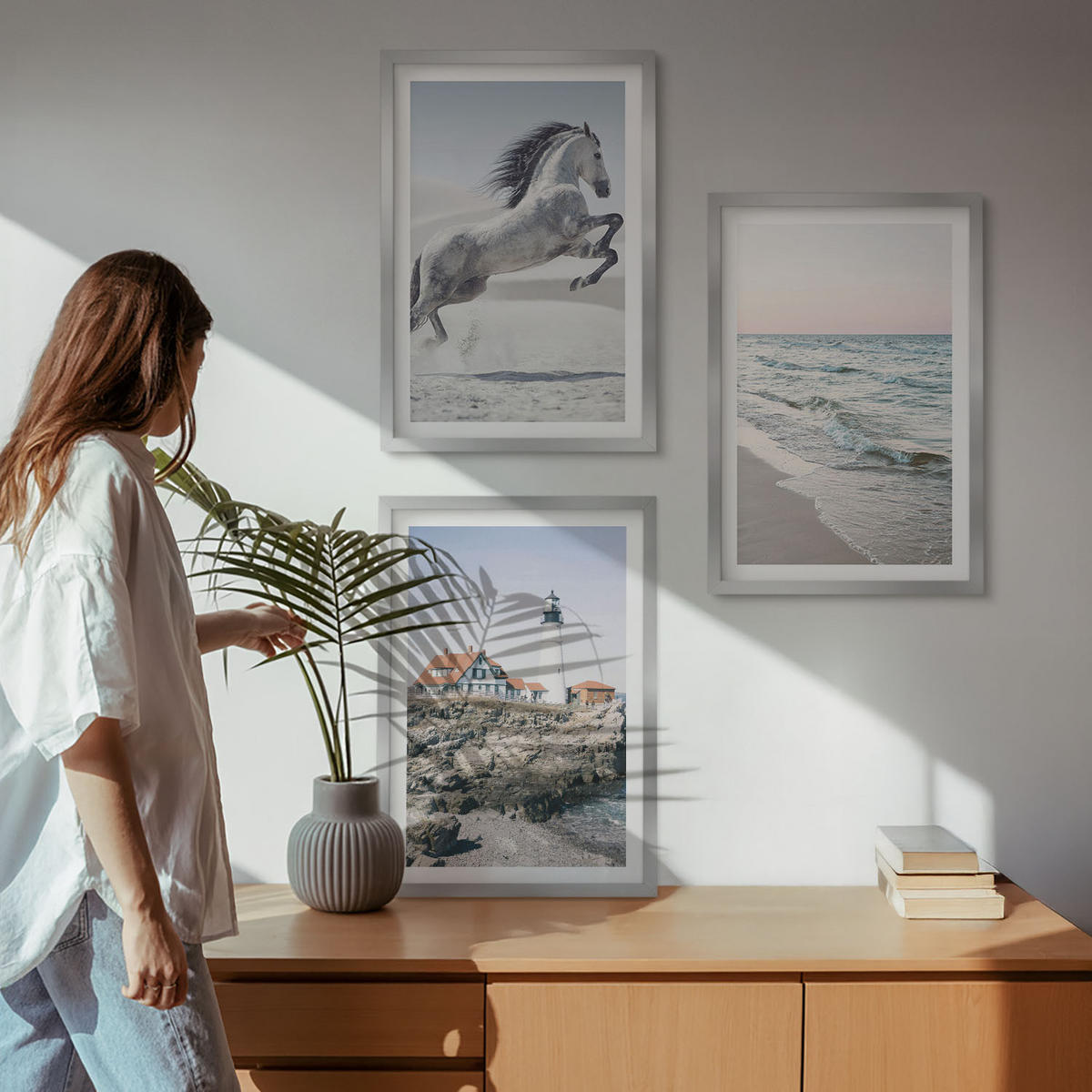 BILDER SET 3er Set - 40x60 cm Silberner Rahmen - Pferde, Strand, Leuchtturm, Wellen - Silberfarben, Kunststoff (40/60cm) - TULUP
