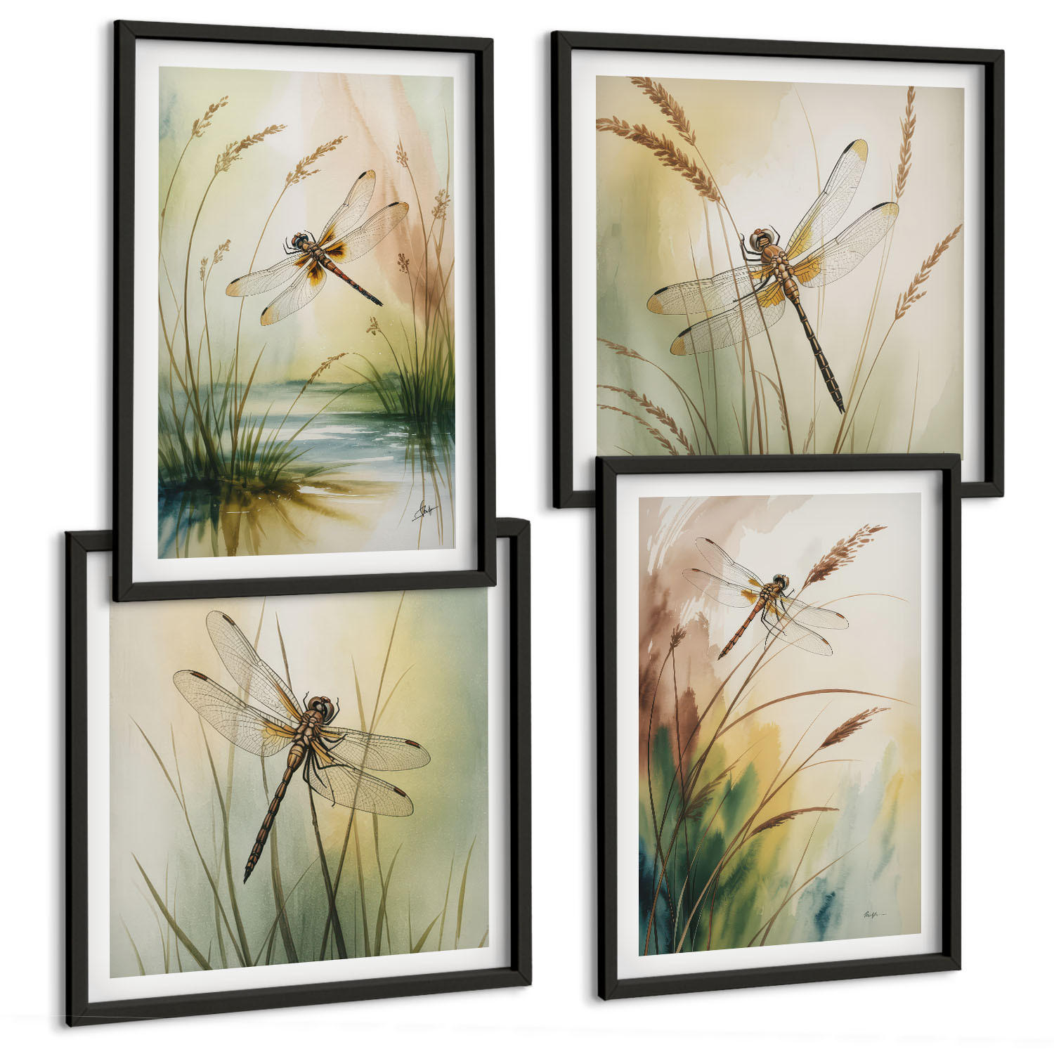BILDER SET 4er Set - 50x50 cm & 40x60 cm Schwarzer Rahmen - Libellen im Gras, Wassermalerei - Schwarz, Kunststoff (50/50cm) - TULUP