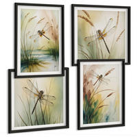 BILDER SET 4er Set - 50x50 cm & 40x60 cm Schwarzer Rahmen - Libellen im Gras, Wassermalerei - Schwarz, Kunststoff (50/50cm) - TULUP