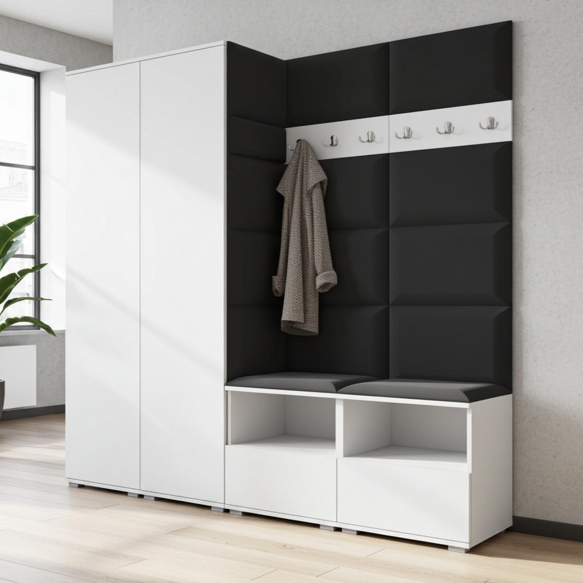 GARDEROBE NELA VI 200 cm (Kompaktgarderobe Weiß mit Sitzpolster Schwarz 16 Schrank & Paneel) - Silberfarben/Schwarz, Holz/Holzwerkstoff (200/187/40cm) - Ravio
