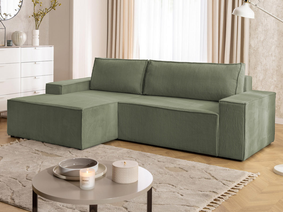 ECKSOFA Rivio mit Schlaffunktion und Bettkasten, Cordstoff Grün - Schwarz/Grün, Holz/Kunststoff (149/262cm) - S-Style