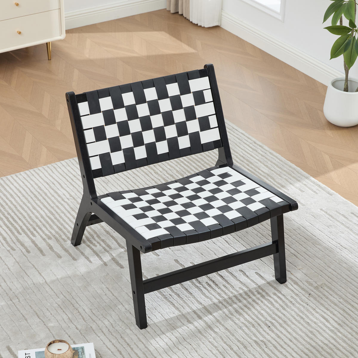 RELAXSESSEL mit Holzgestell, Kunstleder Flechtwerk, Breite Sitzfläche, Schwarz - Schwarz/Weiß, Holz (66/72/71cm) - LVHOM