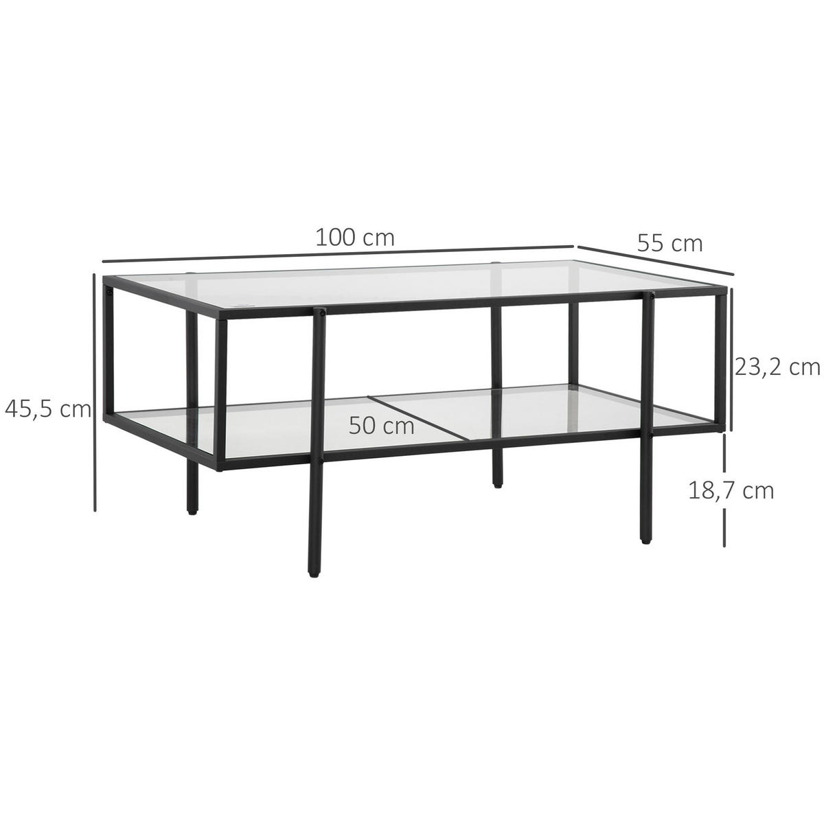 GLAS-COUCHTISCH, Stahl - Transparent, Glas (100/55/45.5cm) - HOMCOM