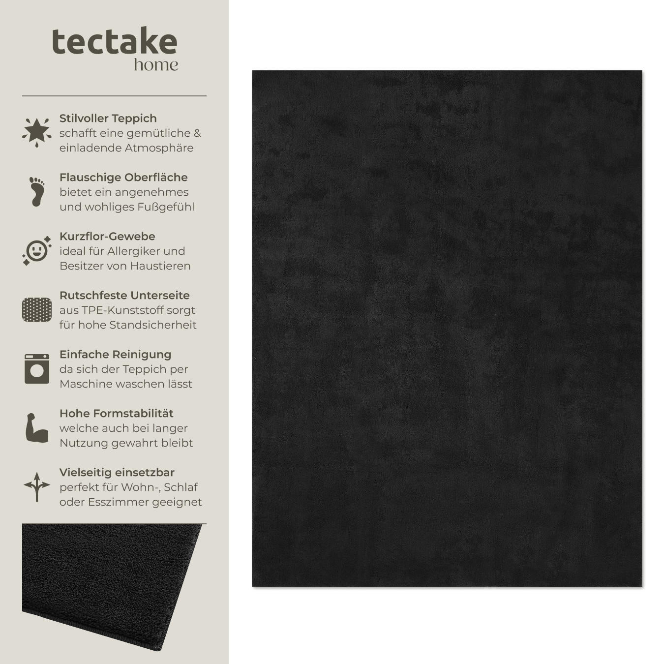 KURZFLORTEPPICH Soft Zone,rutschfeste Unterseite,schwarz - Schwarz, Kunststoff (200/140cm) - tectake