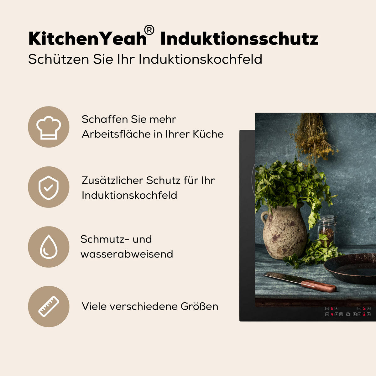 HERABDECKPLATTE - Kräuter - Gewürze - Pfanne - Messer - Grau - Rustikal - 60x50 - Petrol, Kunststoff (60/50/0.2cm) - MuchoWow
