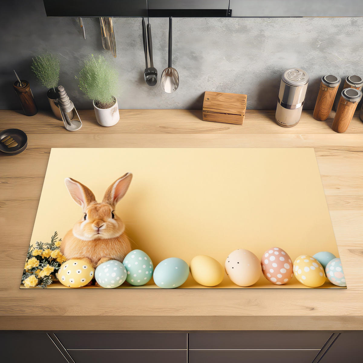 HERDABDECKPLATTE Eier - Kaninchen - Pastellfarbtöne Ceranfeldabdeckung 85x52 cm - Hellgelb, Kunststoff (85/52/0.2cm) - MuchoWow