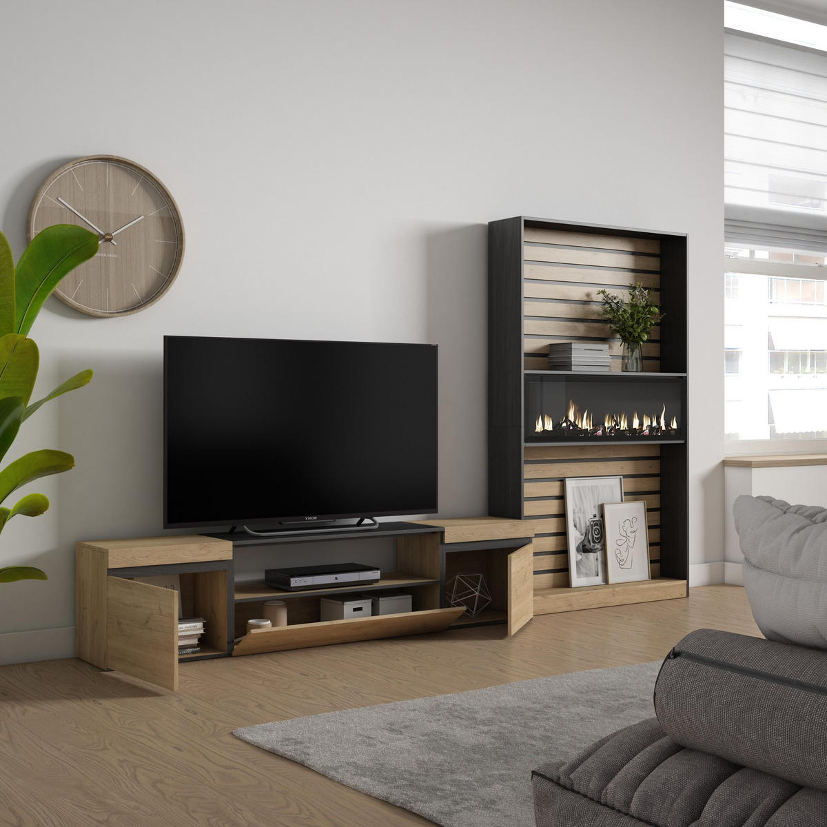 WOHNWAND Wohnzimmer, eiche, schwarz, Elektrokamin,, 310/35/186cm - Eichefarben/Beige, Holzwerkstoff (310/186/35cm) - Skraut Home