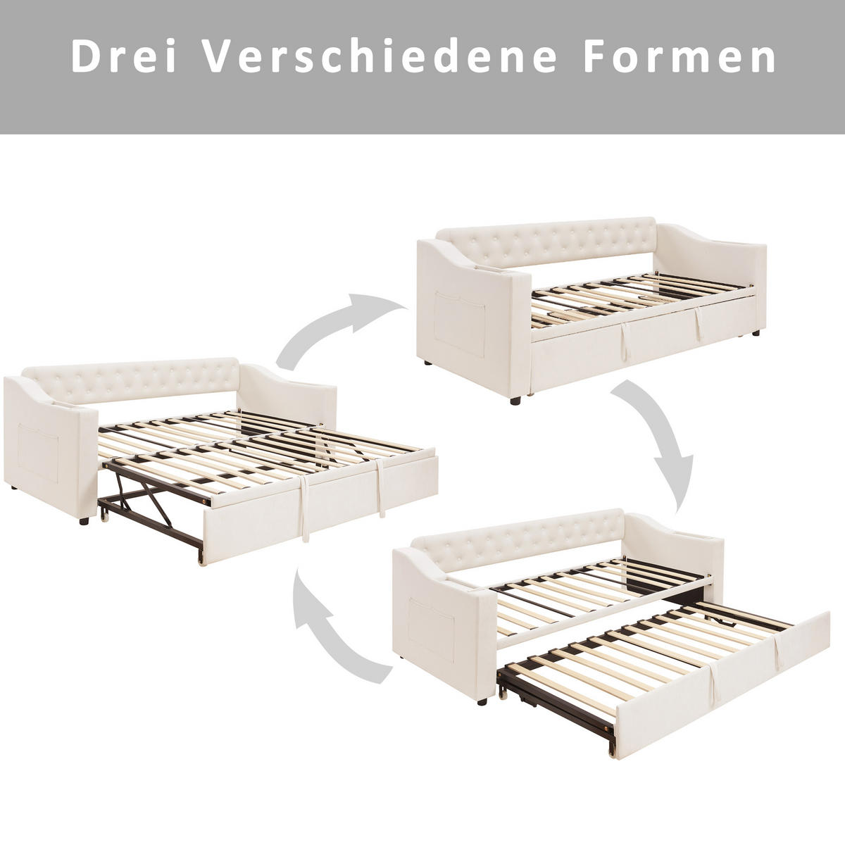 AUSZIEHBETT 90/180/190 cm DE-01976, in Beige, mit USB und Stauraum - Beige, Metall (90/190cm) - ComfortXL