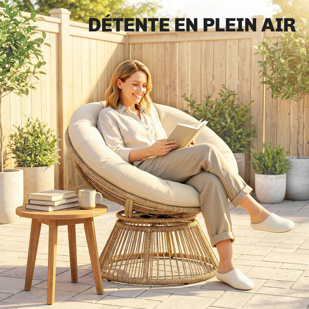 GARTEN-RELAXSESSEL DE-13693 360° drehbar mit 12 cm Polster Natur - Creme, Metall (81/87/93cm) - ComfortXL