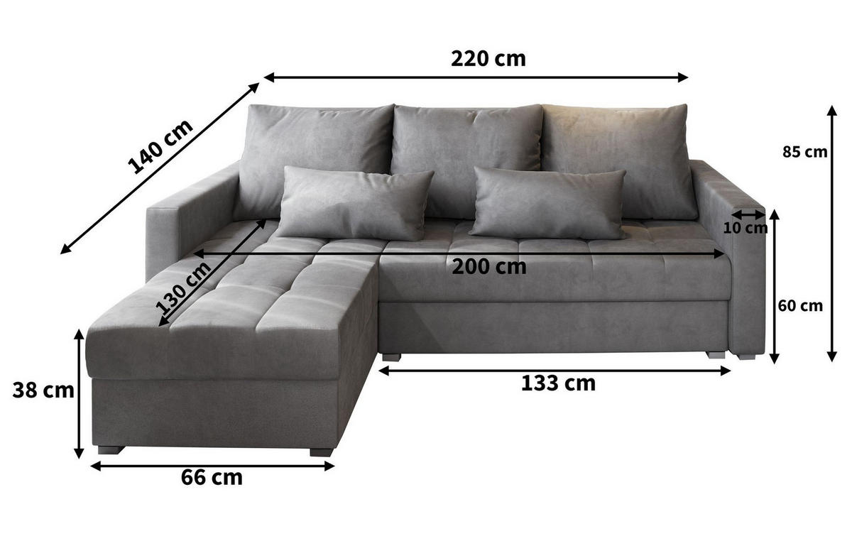 ECKSOFA KOS PIK M Grau Velours-Stoff mit Schlaffunktion - Grau, Holz (220/140cm) - MASSENO