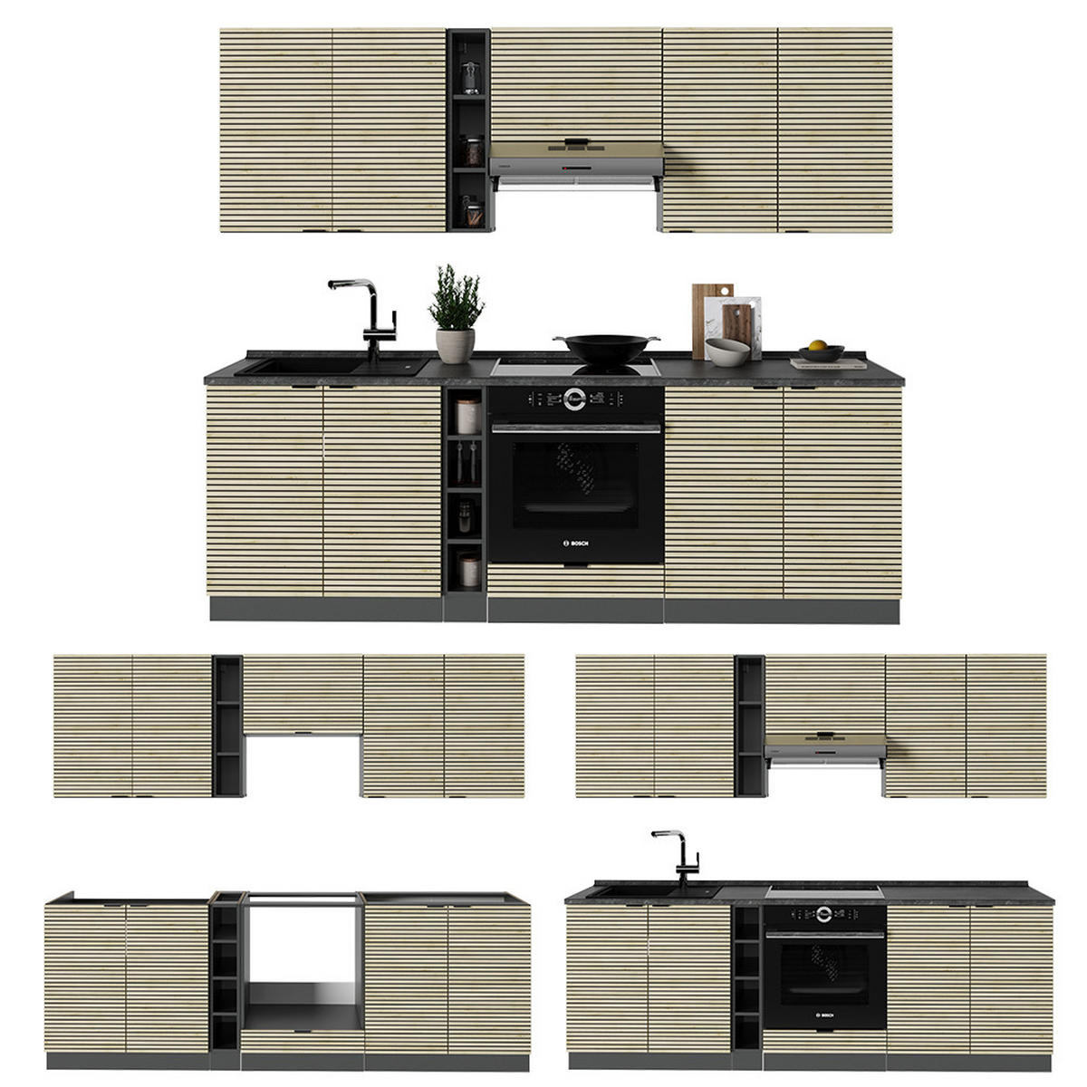 KÜCHENZEILE Fame-Line Eiche Paneel/Anthrazit 235 cm ohne Arbeitsplatte - Hellbraun/Eichefarben, Holzwerkstoff (235/81.6/46cm) - Vicco