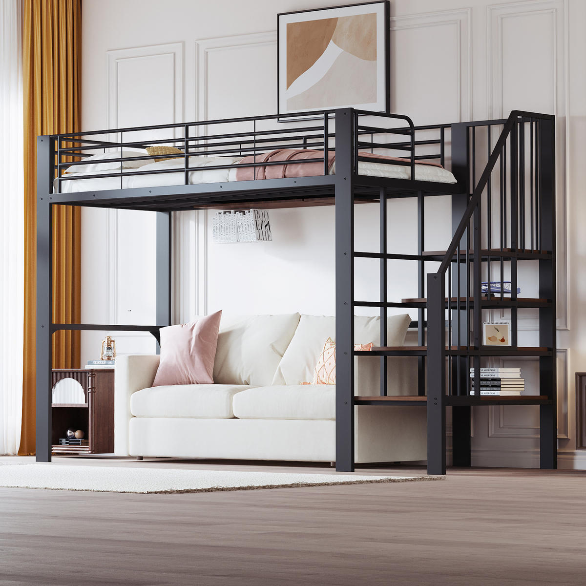 HOCHBETT 90/200 cm Schwarz mit Stauraum und Treppe aus Metall und Holz - Schwarz, Metall (90/200cm) - OKWISH