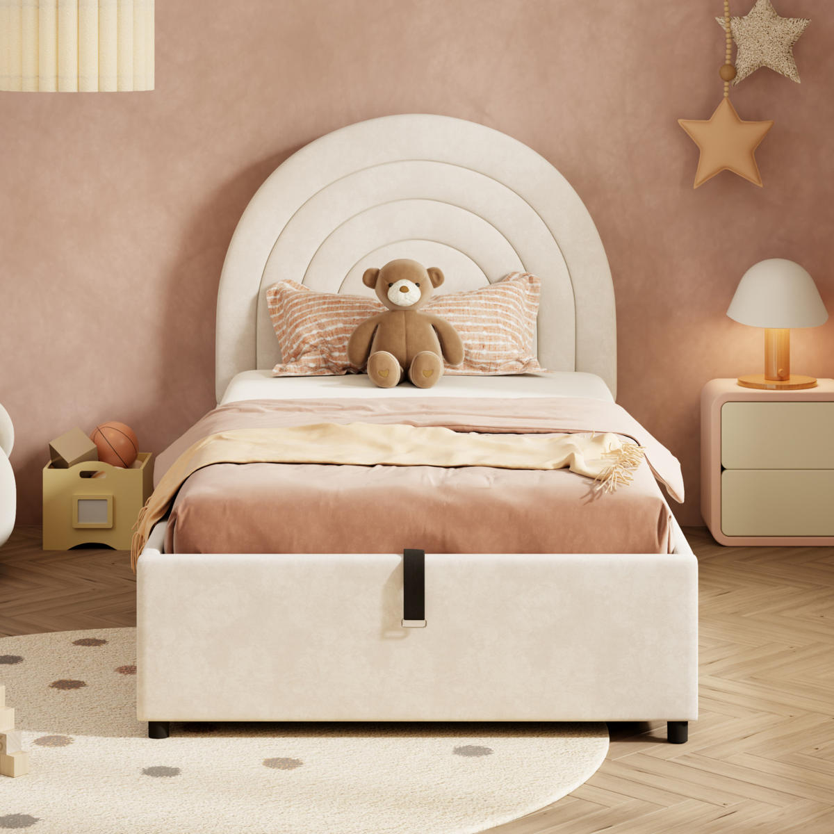 KINDERBETT 90/200 cm mit hydraulischem Stauraum, gepolstertem Kopfteil und Lattenrost, Samt, Beige - Beige, Textil (90/200cm) - Redom