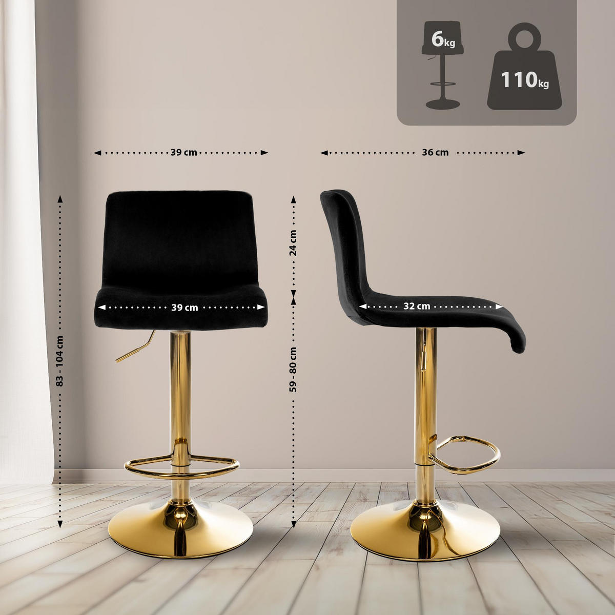 BARHOCKER Samt Schwarz - Schwarz, Textil (39/83/36cm) - CLP