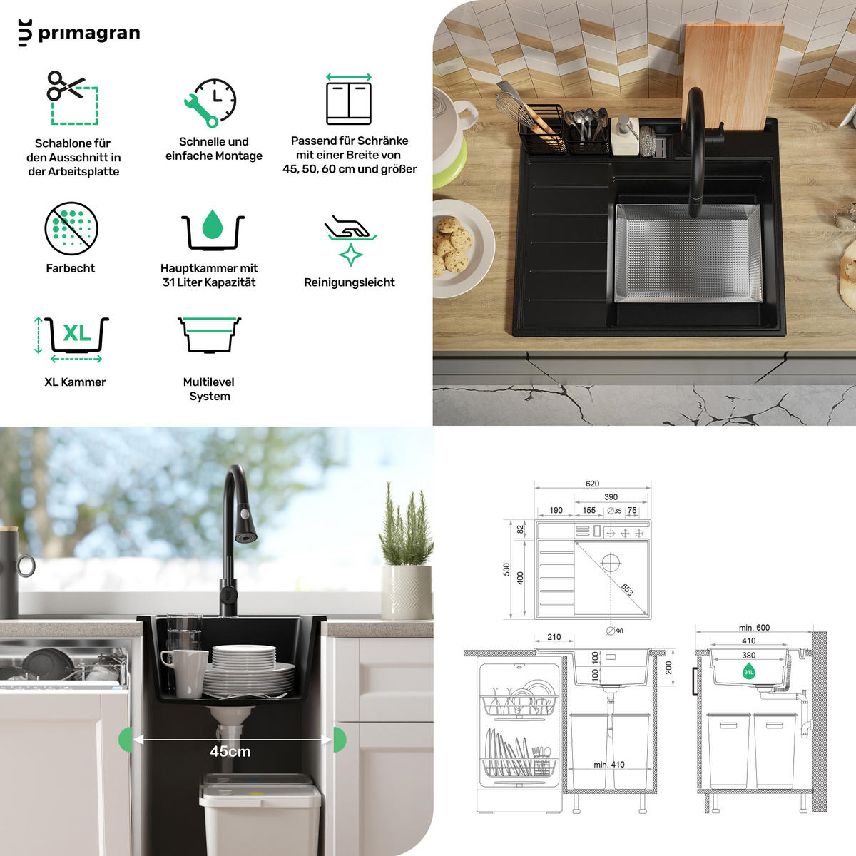 SPÜLBECKEN Sydney Pocket, 2-er set Weiß 62/53 cm 1 Becken + Ablauf-Set + Küchenzubehörset ab 45er Unterschrank - Chromfarben/Beige, Kunststoff (62/20/53cm) - Primagran