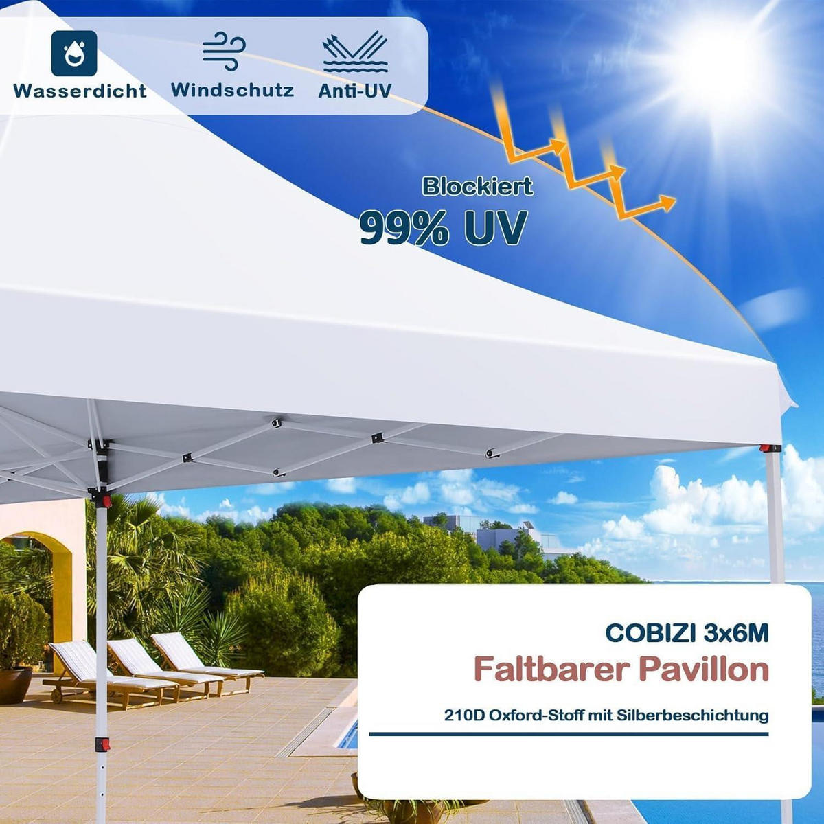 FALTPAVILLON 3 x 6 m Weiß Wasserdicht UV-Schutz - Weiß, Textil (300/300/600cm)