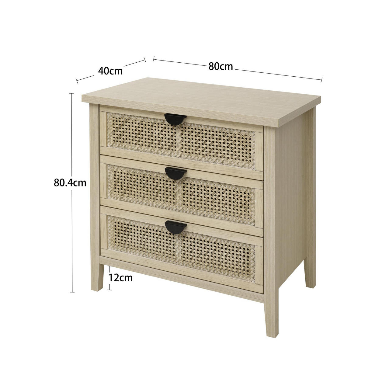 KOMMODE mit 3 Schubladen, Naturholzoptik & Rattan Fronten - Beige, Holzwerkstoff (80/80/40cm) - Urban Meuble