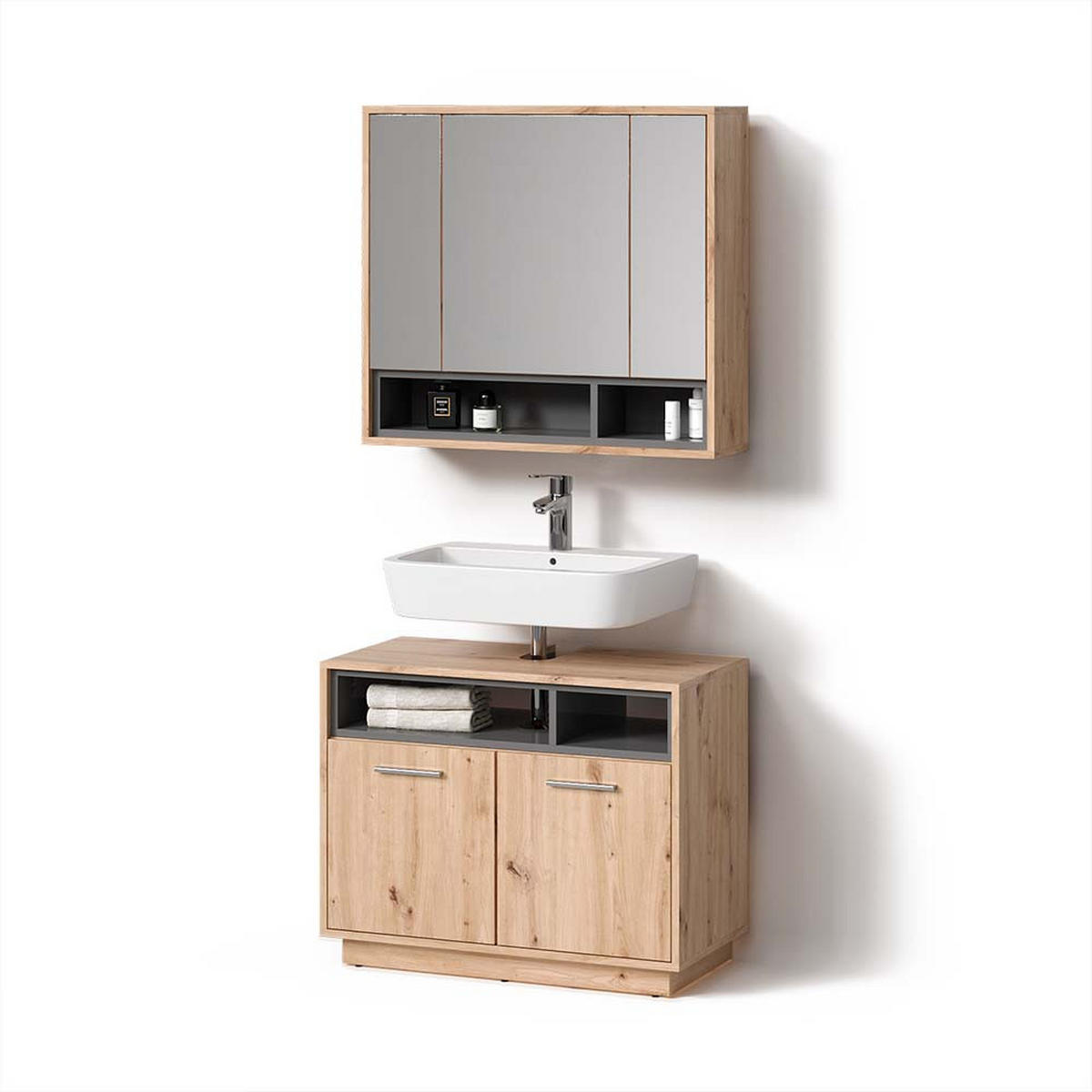 BADMÖBEL-SET Temo Artisan-Eiche 2 Teile - Anthrazit/Eiche Artisan, Holzwerkstoff (80/64/40cm) - Livinity®