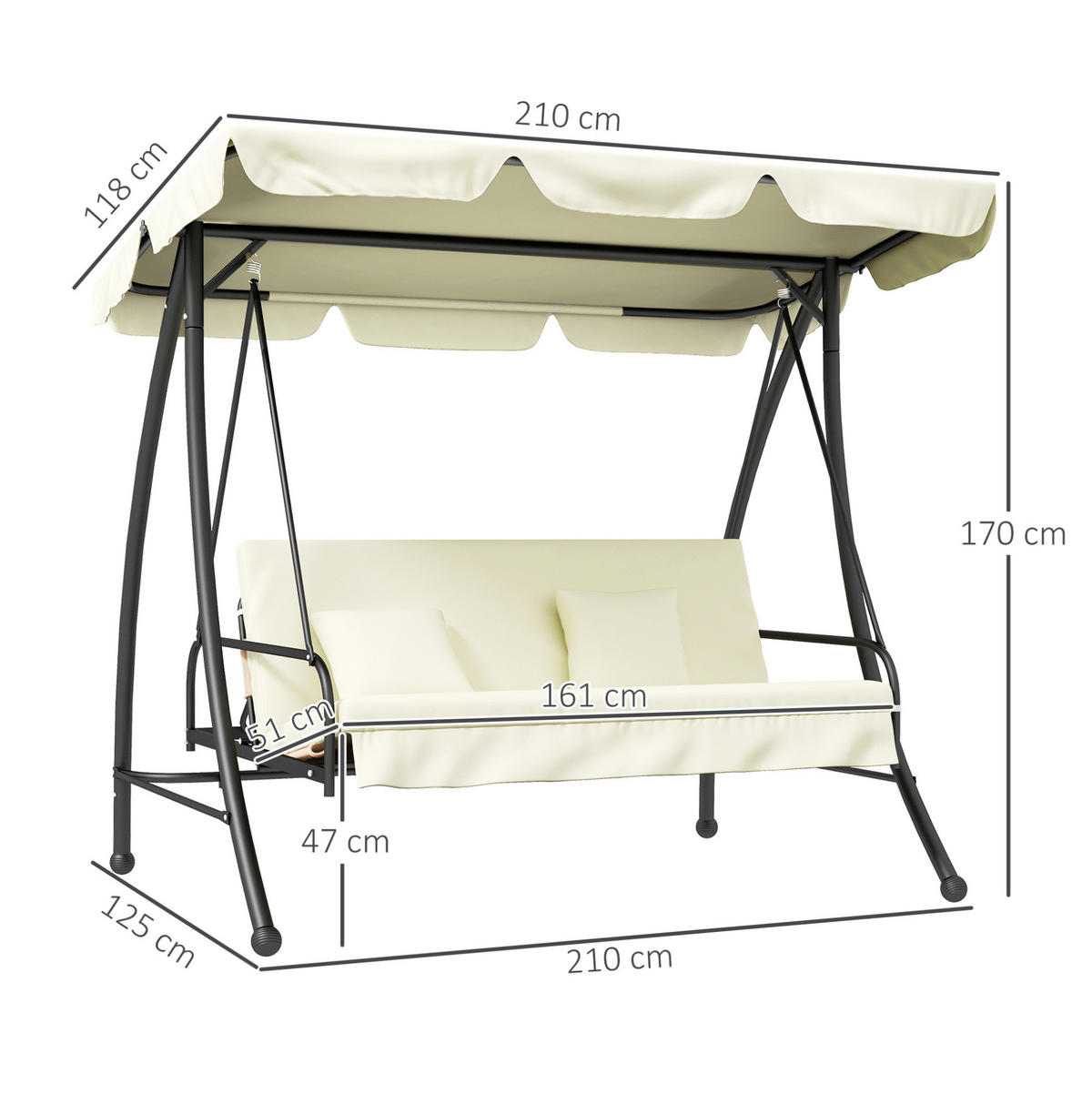 HOLLYWOODSCHAUKEL aus Metall 200x125x170 cm in Beige mit Liegefunktion & verstellbarem Dach - Beige, Metall (125/170/200cm) - Modfu