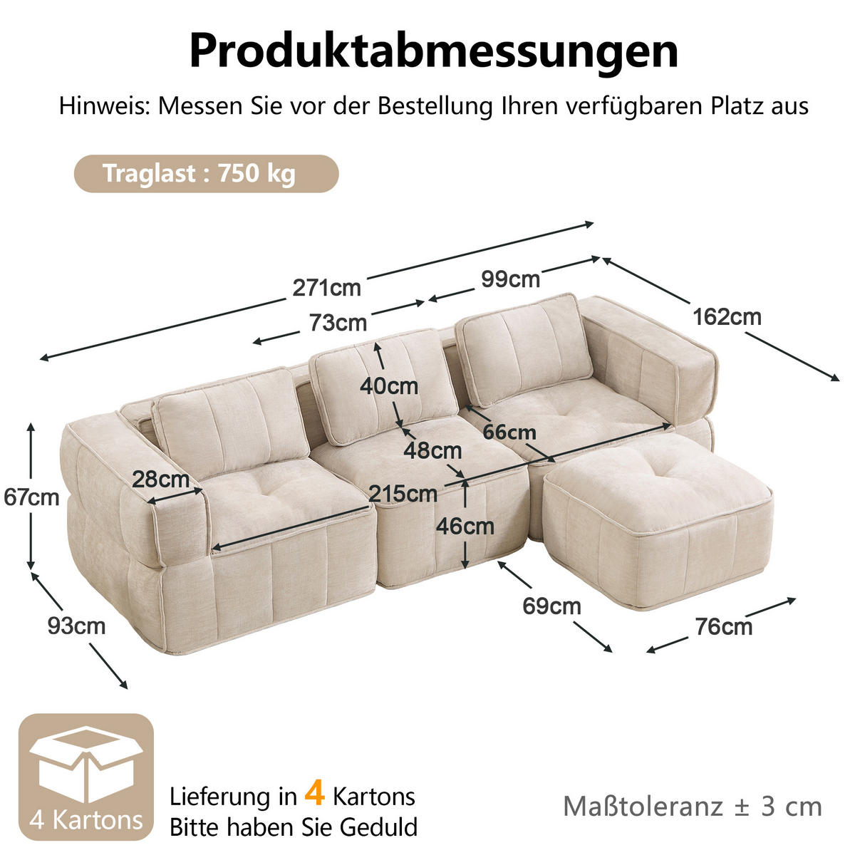 ECKSOFA 271/162/67 cm Beige mit 1 Fußhocker - Beige, Textil (271/162cm) - Oxeza
