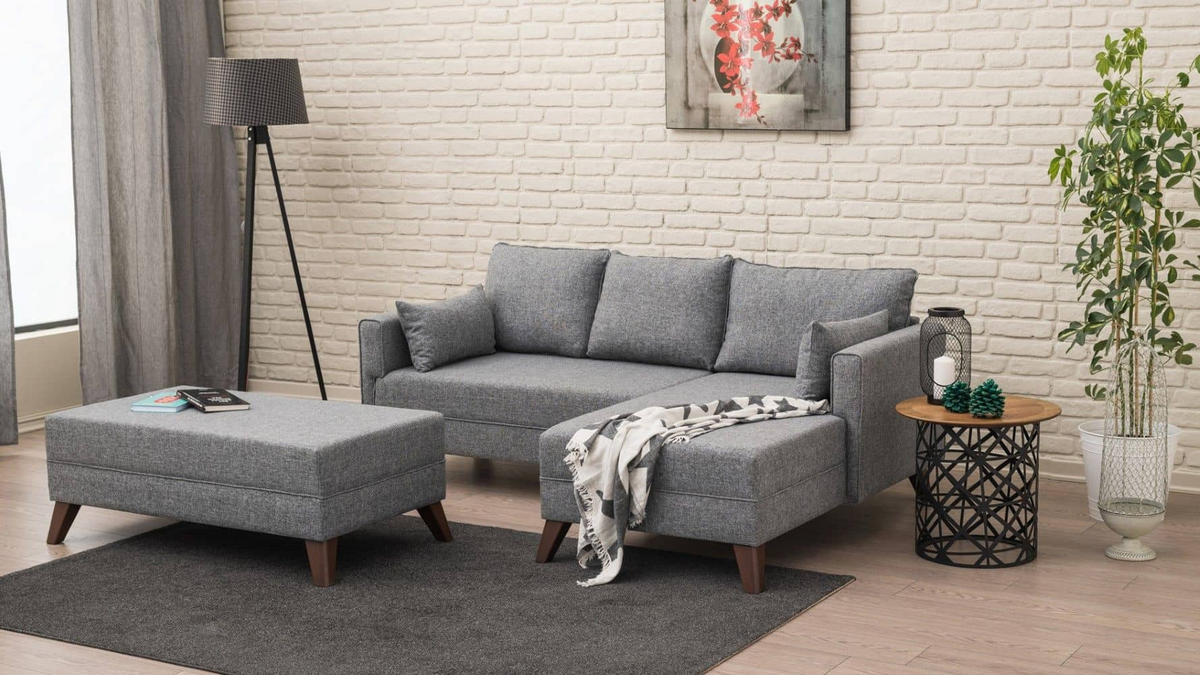 ECKSOFA mit Hocker als Schlaffläche, perfekt für kleine Räume - Walnussfarben/Braun, Holz/Kunststoff (140/205cm) - myHomelando