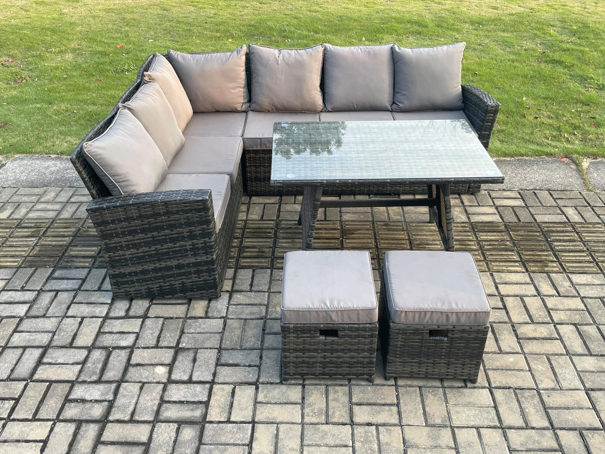 GARTENLOUNGE mit Ecksofa Polyrattan Dunkelgrau 8-Sitzer - Dunkelgrau/Grau, Glas/Kunststoff - Fimous