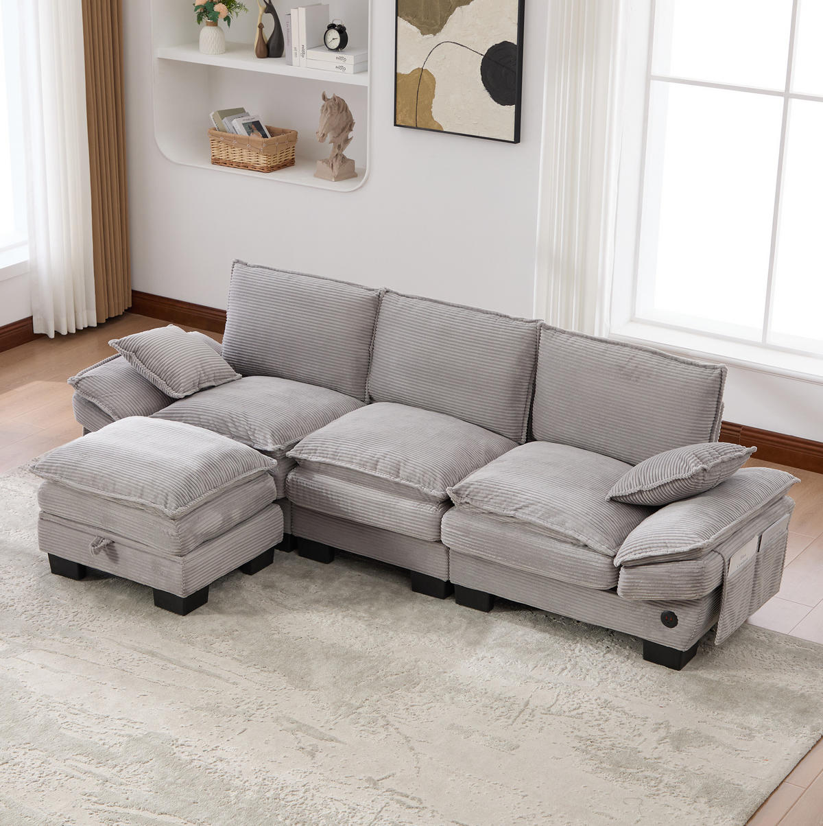 ECKSOFA 260/132/84 cm hellgrau aus Cord mit Hocker und USB-C - Hellgrau, Textil (132/260cm) - OKWISH