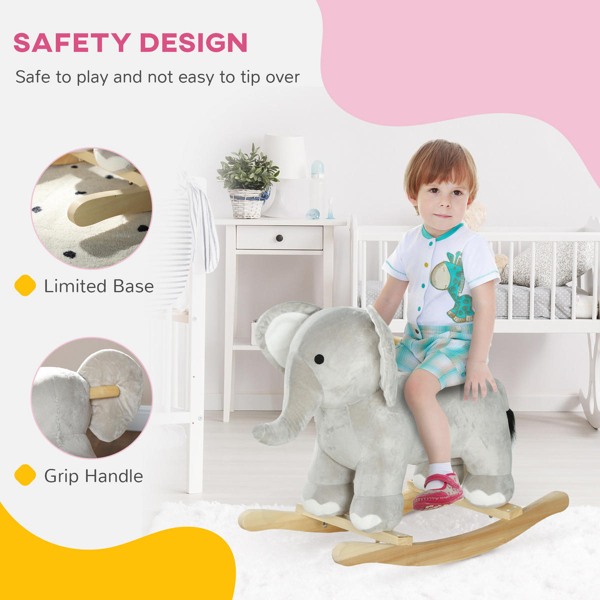 SCHAUKELTIER Schaukelelefant mit Soundfunktion und Griffen für 2-4 Jahre Kinder - Grau, Textil/Metall (31/52/64.5cm) - AIYAPLAY