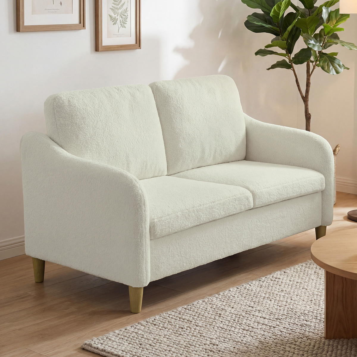 2-SITZER-SOFA DE-06558 kleine Couch mit Sherpa-Fleece-Optik, 137 cm Cremeweiß - Creme, Holz/Textil (137/82/69cm) - ComfortXL