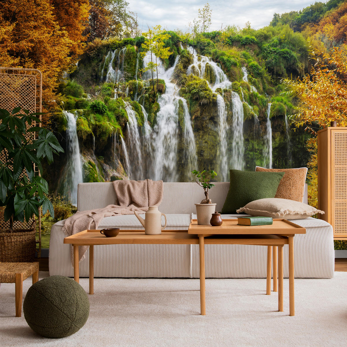 FOTOTAPETE für Esszimmer Exotischer Wasserfall Herbstbaum 350x256 - Gelb/Beige, Papier (350/256cm) - Muralo