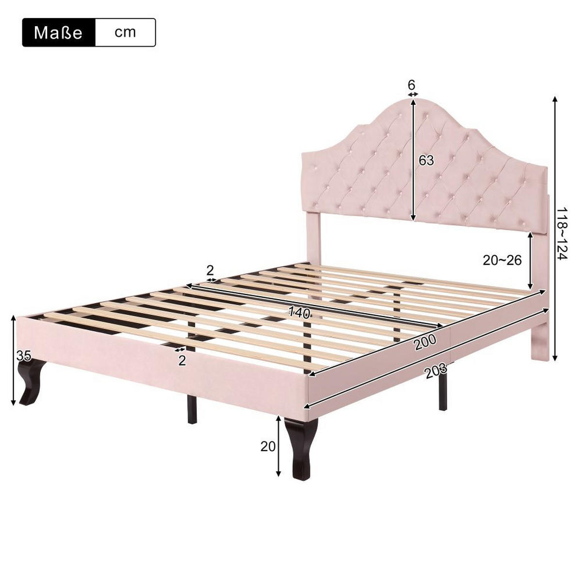 POLSTERBETT 140/200 cm in Rosa Samt,Höhenverstellbares - Pink, Holz/Textil (140/200cm) - KOMHTOM