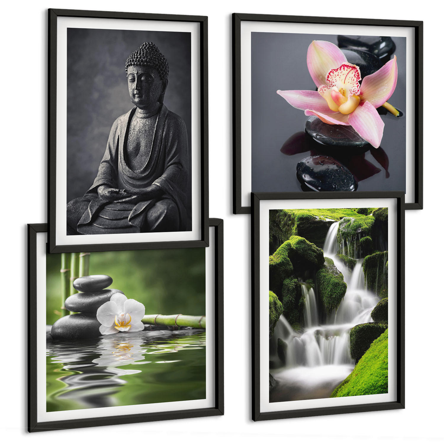 BILDER SET 4er Set - 50x50 cm & 40x60 cm Schwarzer Rahmen - Zen-Gemälde, Wassersteine, Buddha - Schwarz, Kunststoff (50/50cm) - TULUP