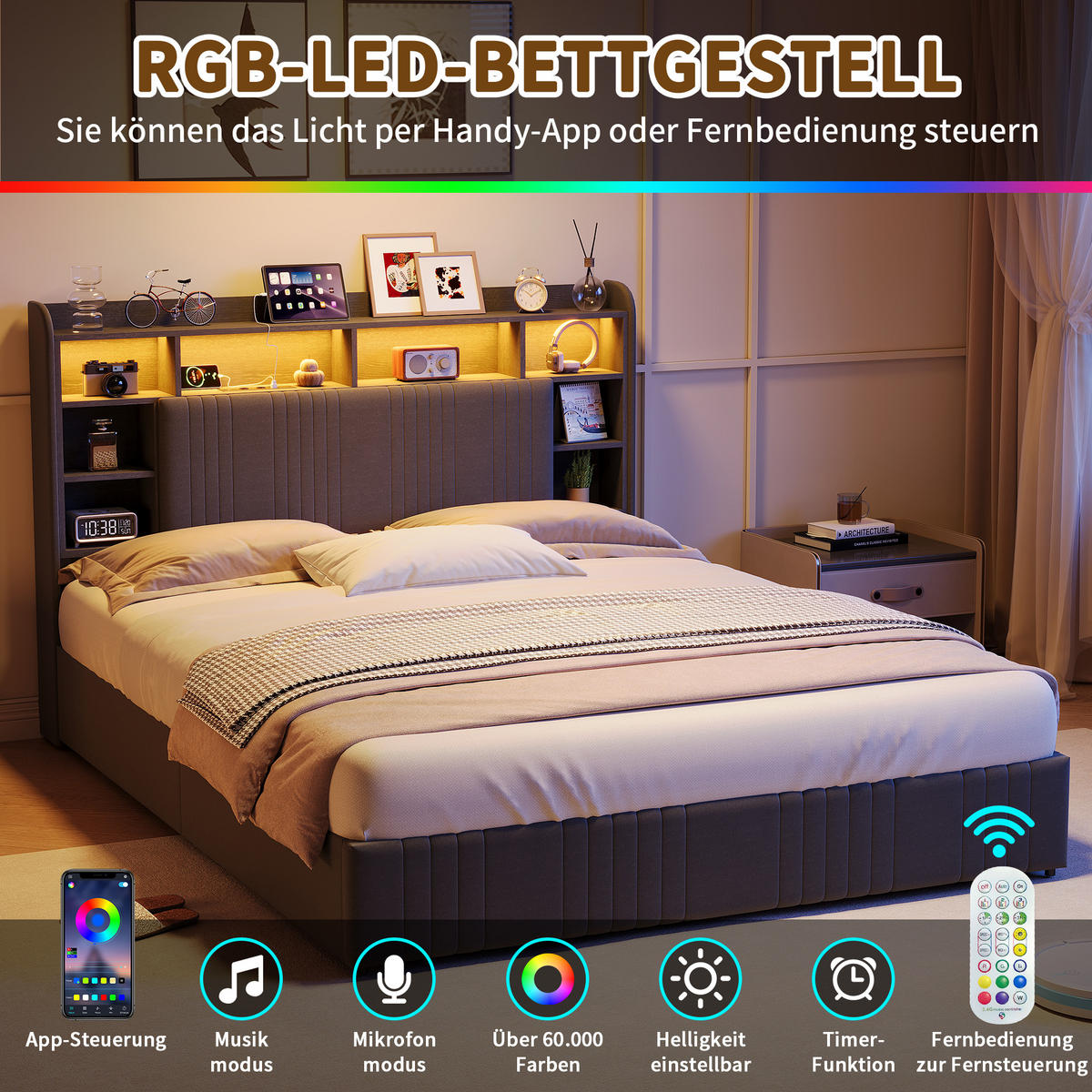 POLSTERBETT 140/200 cm Grau mit 4 Schubladen, LED-Kopfteil mit Ablage und USB - Grau, Metall (140/200cm) - EuroLiving