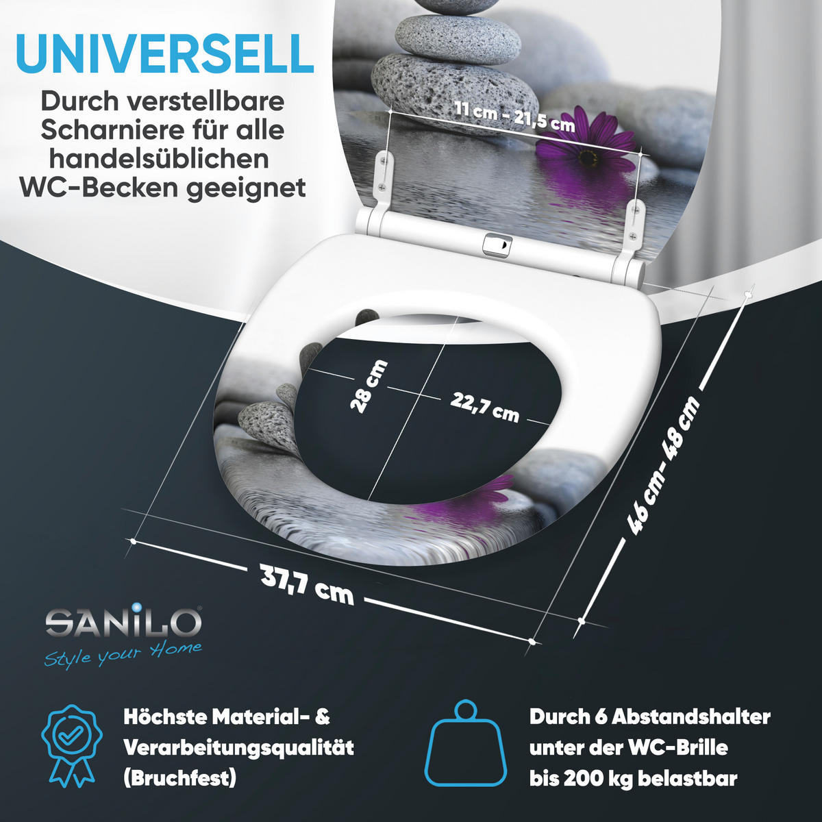 WC-SITZ mit Absenkautomatik & Top Fix Energy Stones - Violett, Holzwerkstoff (37.7/5.5/48cm) - Sanilo