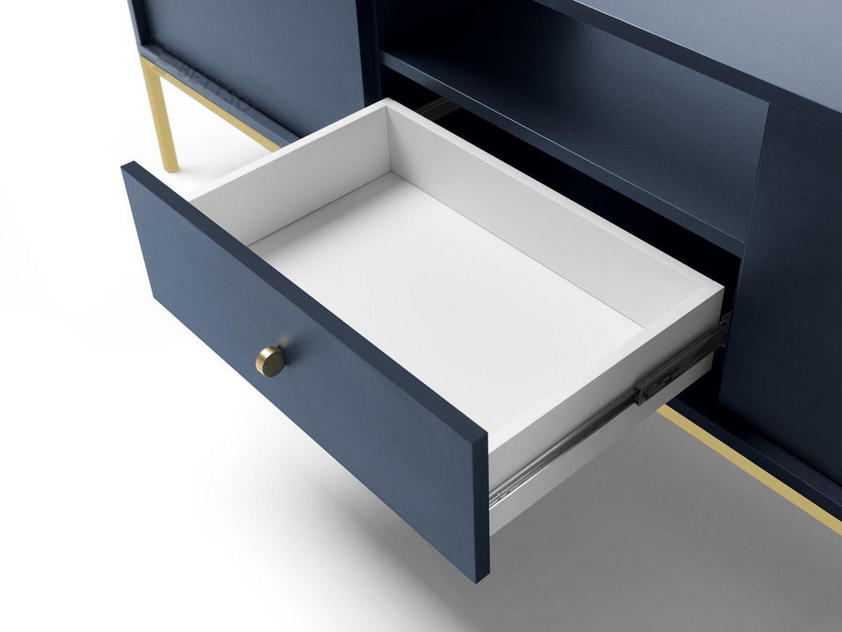 TV-SCHRANK Molly Dunkelblau, Goldene Beine, TV-Tisch mit Schublade - Goldfarben/Dunkelblau, Holzwerkstoff/Metall (154/56/39cm) - Bettso