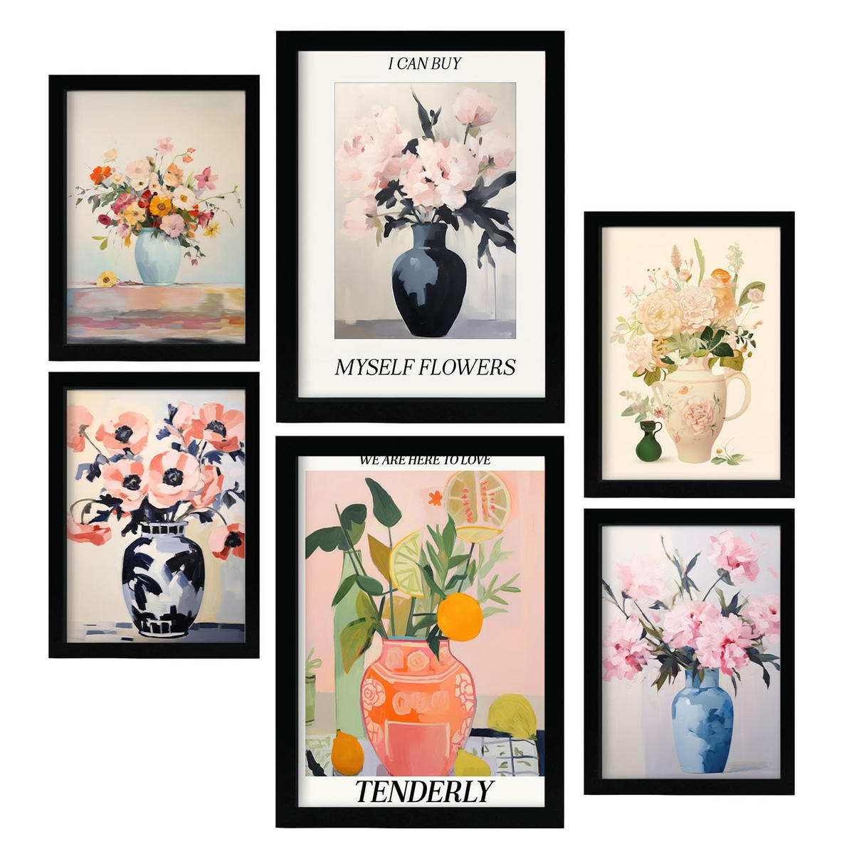 POSTER Set Mit 6 Lebendige Vasen In Vielseitiger A3 & A4 Schwarzer Rahmen - Schwarz, Papier (29/3cm) - Nacnic