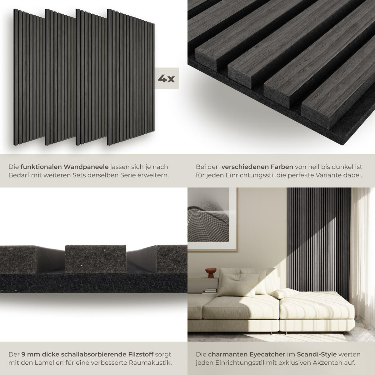 AKUSTIKPANEELE Sonic Wall, je 60 x 120 x 2,1 cm, Größe flexibel anpassbar, Eiche schwarz - Schwarz, Holz (60/2.1/120cm) - tectake