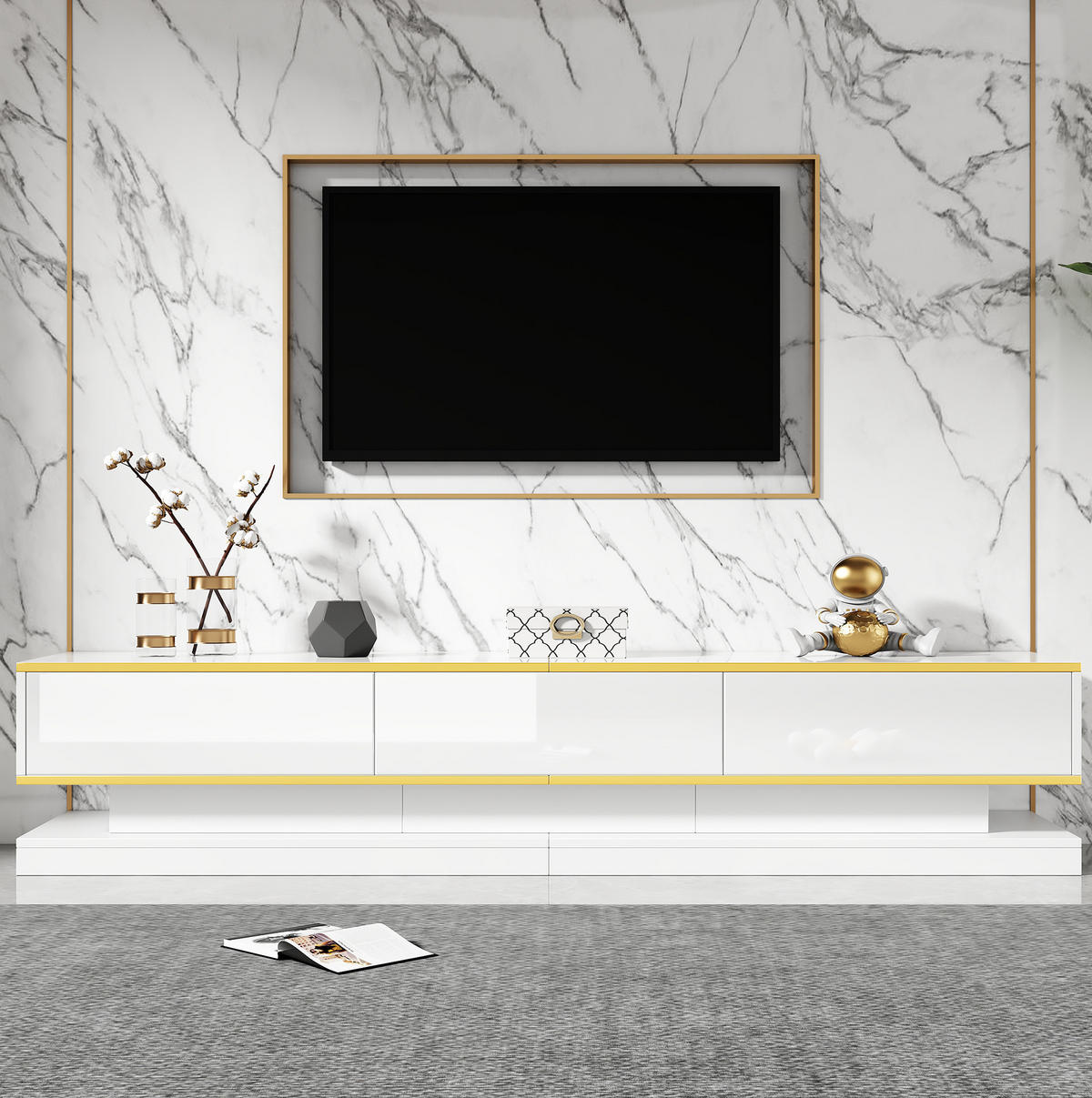TV-LOWBOARD aus Spanplatte 200x40x40 cm Warmweiß mit Goldrand, Hochglanz, 3 Schubladen und offenen Fächern - Weiß, Holzwerkstoff (200/40/40cm) - Modfu