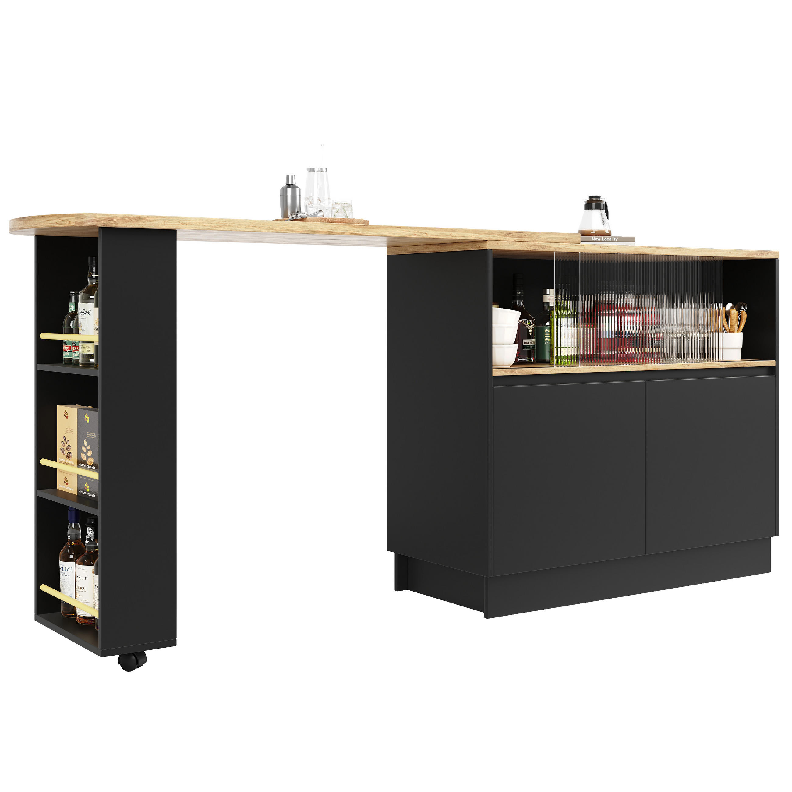 BARTISCH 90/45/100 cm Schwarz drehbares Sideboard aus MDF mit Glasschiebetür - Schwarz, Holzwerkstoff (90/45/100cm) - OKWISH