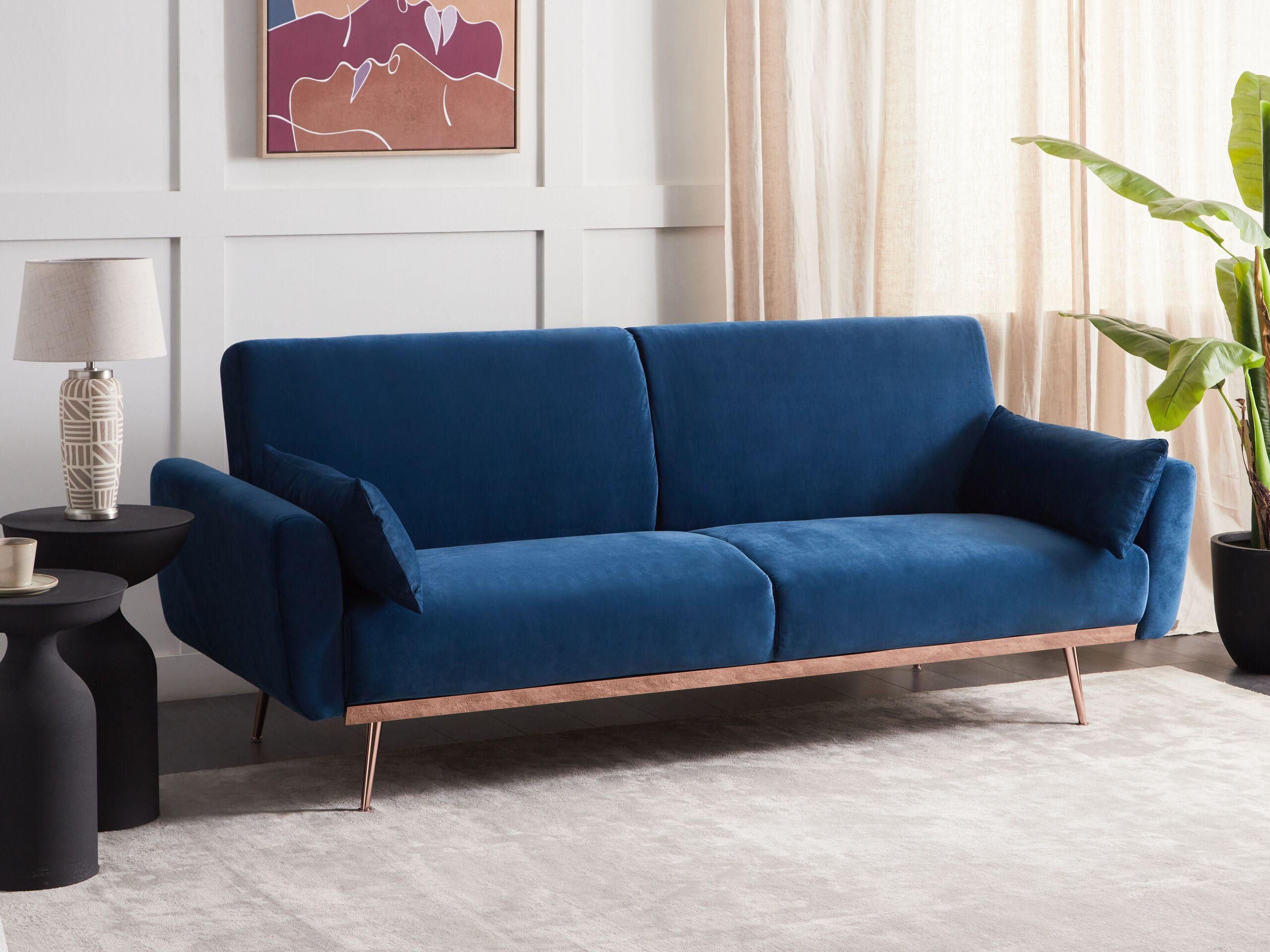 3-SITZER-SCHLAFSOFA Samtstoff marineblau Eina - Blau/Kupferfarben, Textil (210/86/81cm) - Beliani