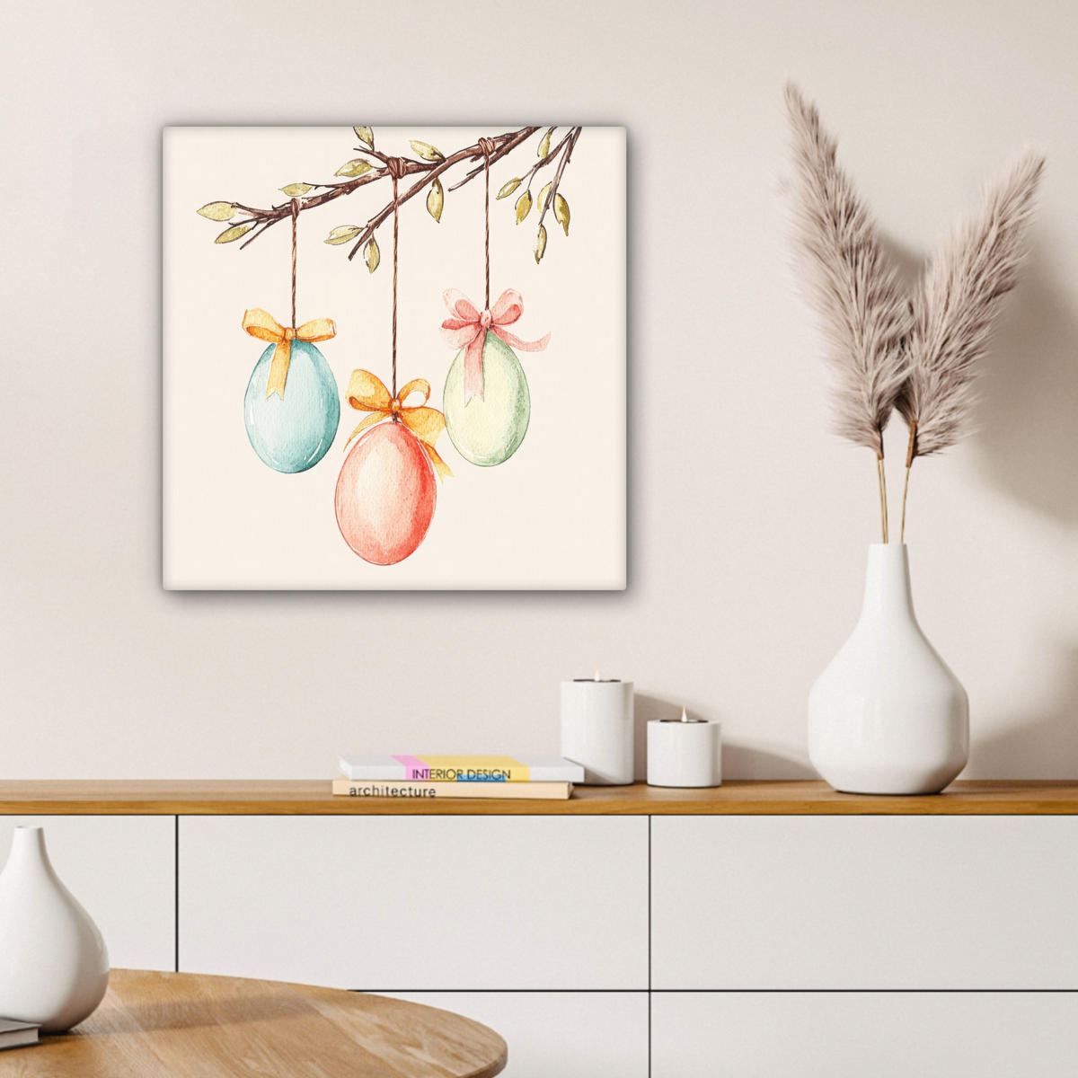 LEINWANDBILD Osterkuchen - Schleife - Eier Wandbild Wohnzimmer 50x50 cm - Creme, Textil (50/50cm) - MuchoWow