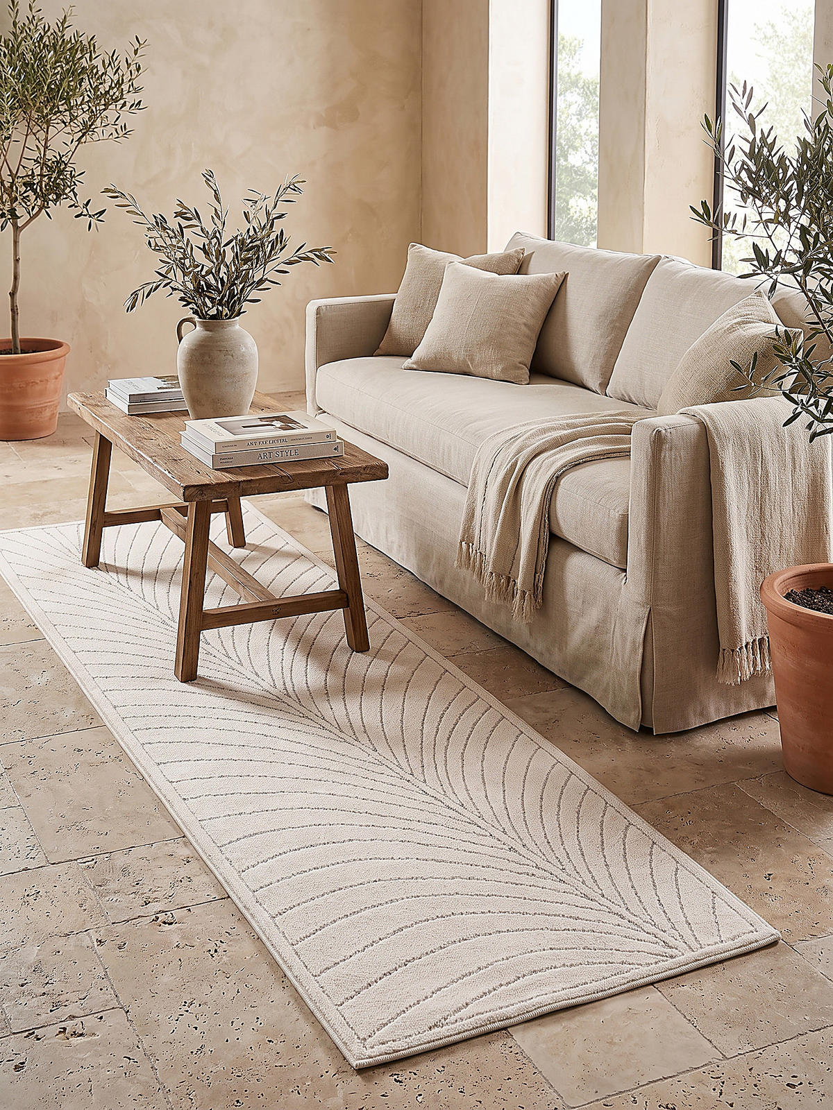 LÄUFER Outdoor, Fußbodenheizung-geeignet, mit Blattmotiv, aus Polypropylen, ENGADIN in Creme, 80 x 250 cm - Beige, Textil (80/250cm) - KADIMA DESIGN