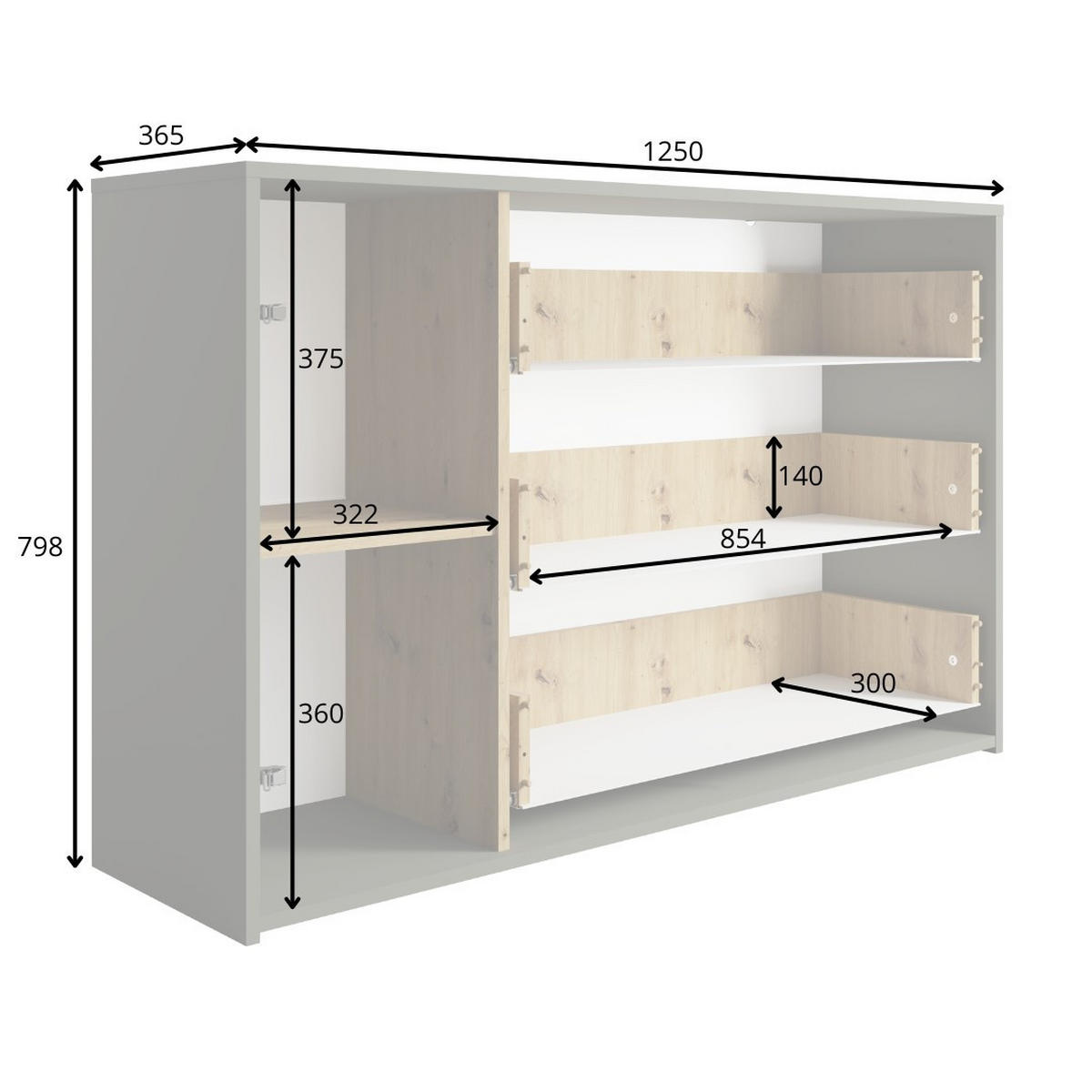 KOMMODE MERIDIAN 125/79,8/36,5cm mit 3 Schubladen 1 Türen Grau - Eichefarben/Grau, Holzwerkstoff (125/79.8/36.5cm) - MASSENO