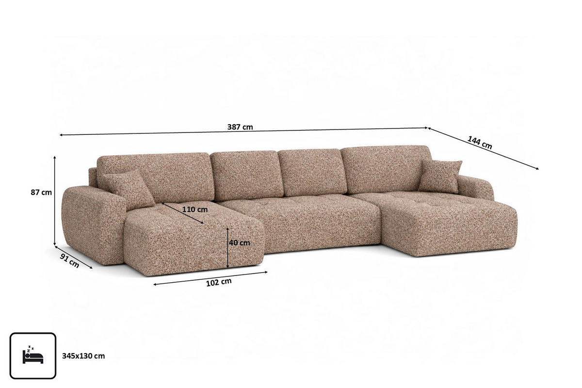 ECKSOFA Mit Schlaffunktion Und Bettkasten U-Form Ivo U XL, Chenillestoff Artico, Beige - Beige, Holz (387/144cm) - Kaiser Möbel