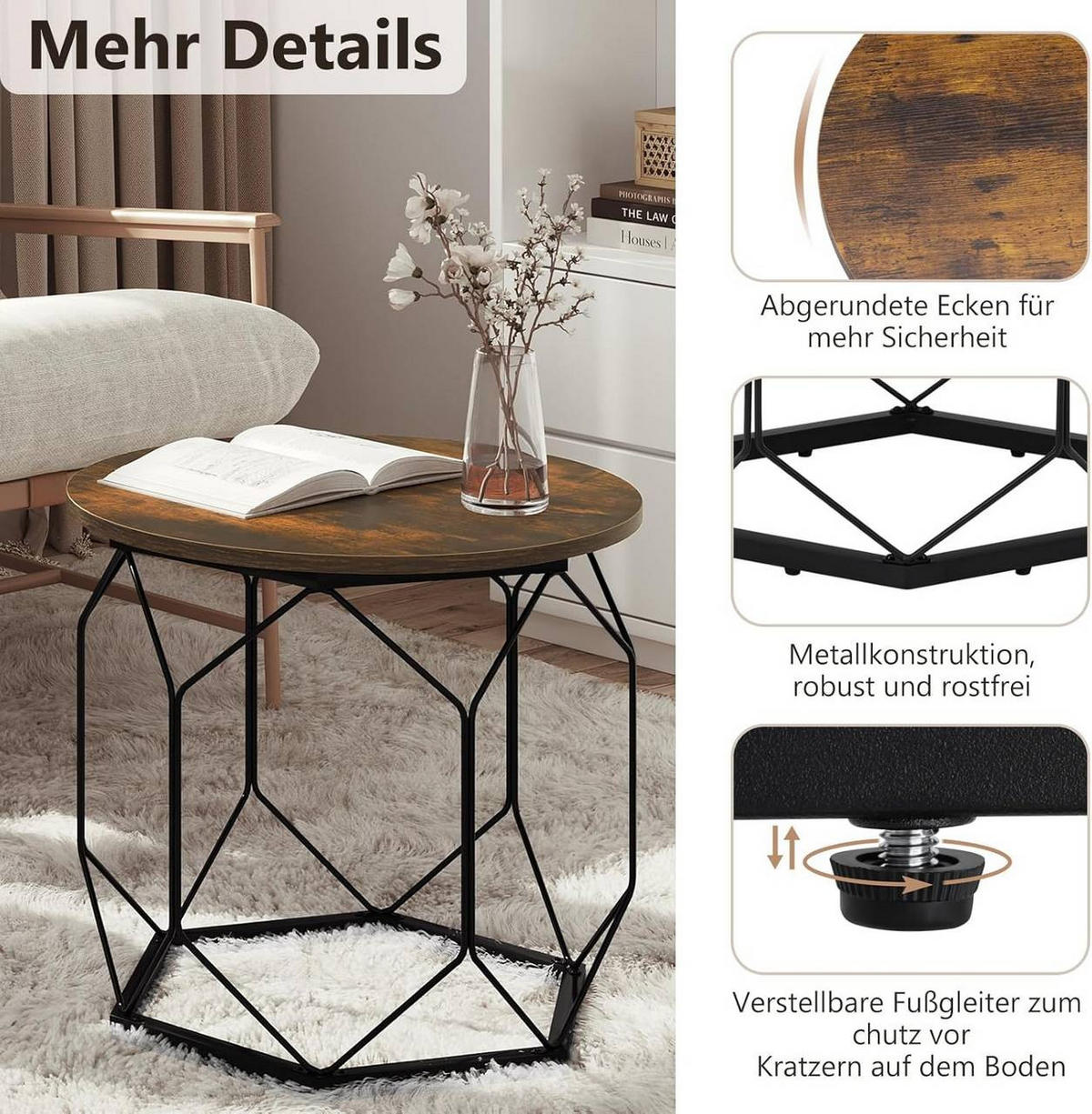 COUCHTISCH 2er Set, rund, Rustikales Braun - Dunkelbraun/Schwarz, Holzwerkstoff/Metall (50/50/45cm) - Woltu