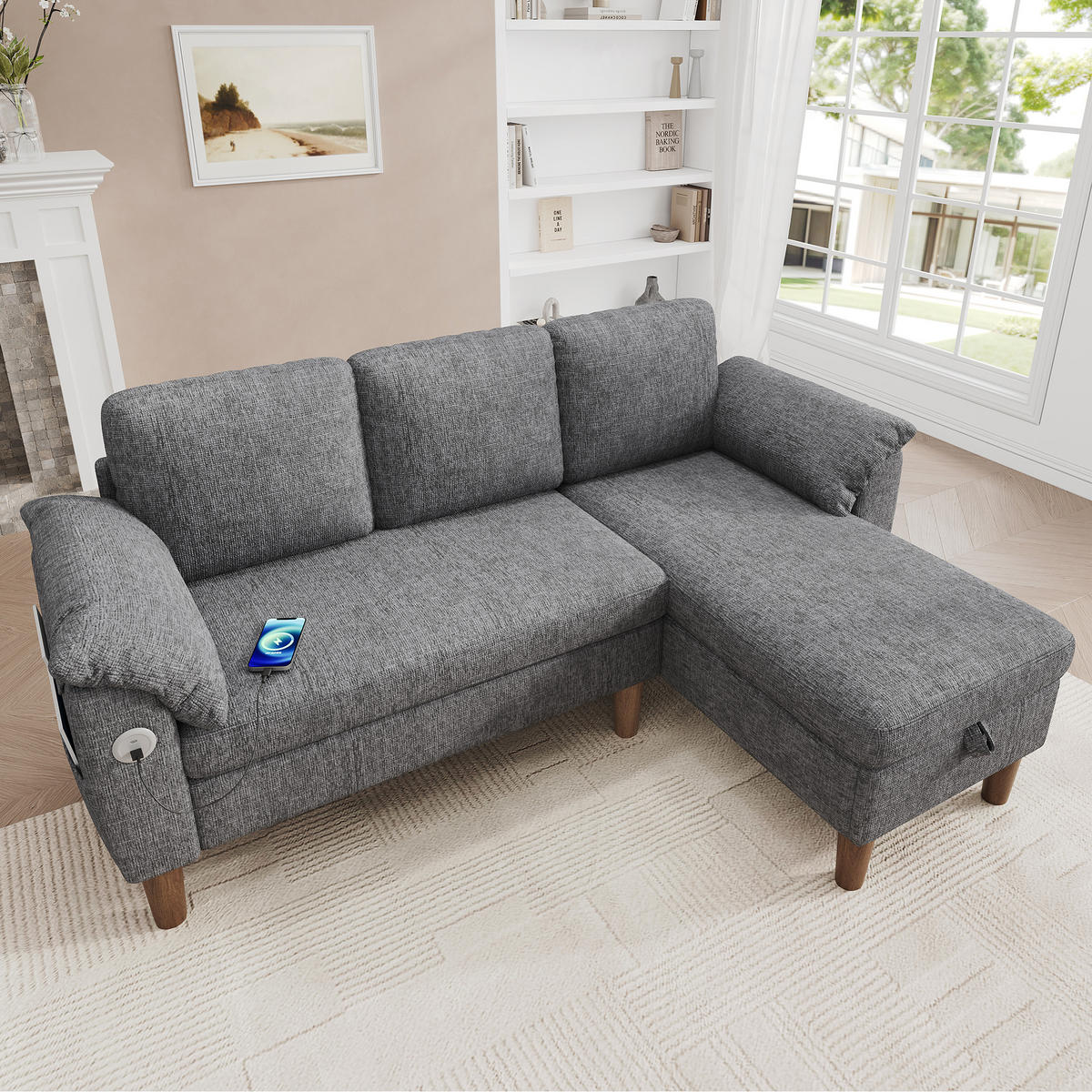 ECKSOFA 181/125/88 cm Hellgrau mit Stauraum-Chaiselongue und USB/Type-C-Ladeanschluss - Hellgrau, Textil (181/125cm) - Oxeza